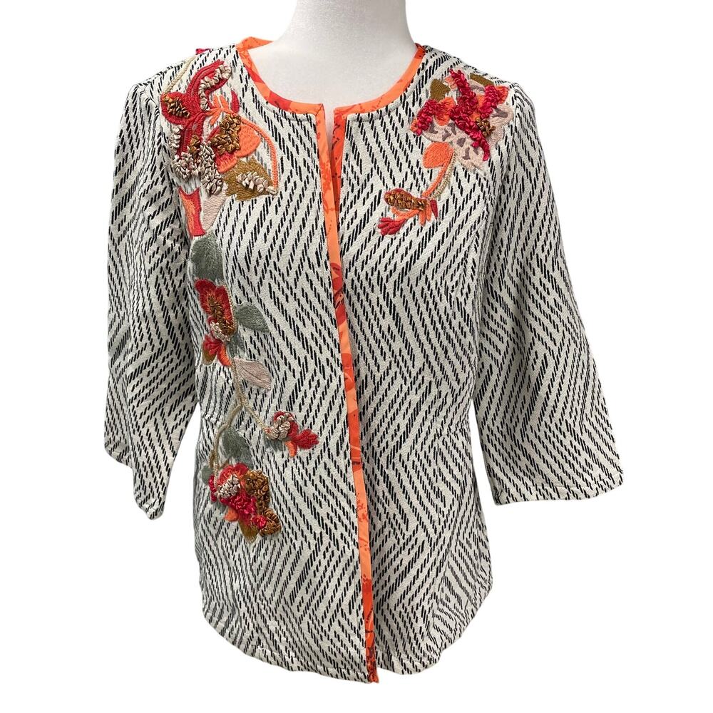 Chico's Artisan Applique Floral Embroidered 3/4 Sleeve Open Blazer Jacket 1 or 8